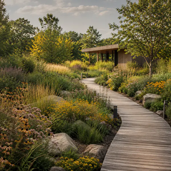Native Plant Garden — Uses locally adapted species to support habitat, climate resilience, and lower maintenance