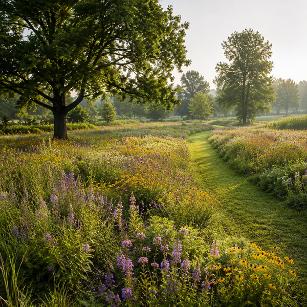 Wildflower Meadow — Uses broad naturalistic drifts of seasonal flowers and grasses rather than formal beds