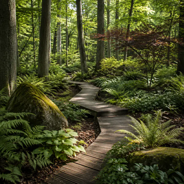 Woodland Garden — Builds a shaded landscape under trees with ferns, groundcover, leaf litter, and informal paths