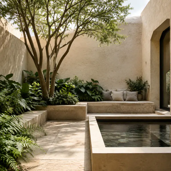 Courtyard Garden — Fits planting, seating, shade, and water into an enclosed or partly enclosed outdoor room