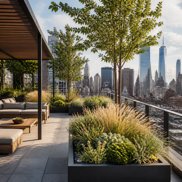 Rooftop Garden — Places planting and outdoor amenities on a roof while considering wind, weight, drainage, and exposure