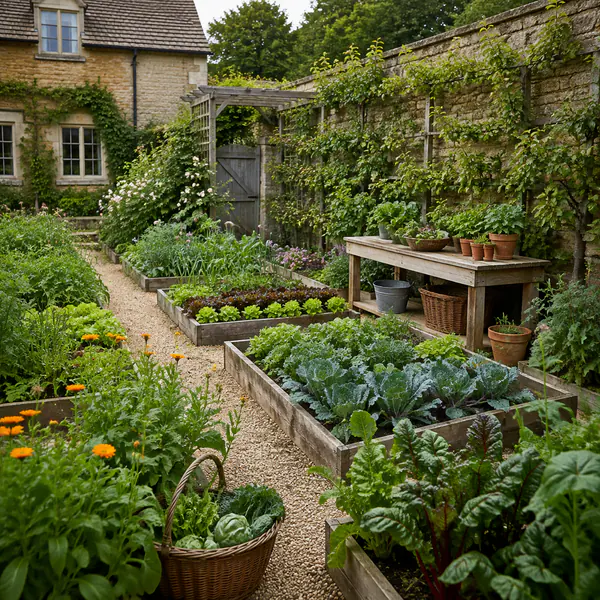 Kitchen Garden — Organizes edible herbs, vegetables, fruit, and flowers in productive beds close to the home or kitchen