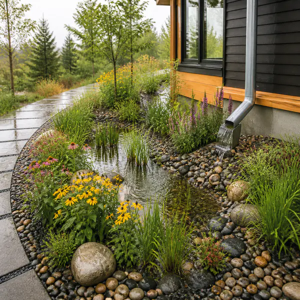 Rain Garden — Collects and filters stormwater in a planted depression using moisture-tolerant species and free-draining soil