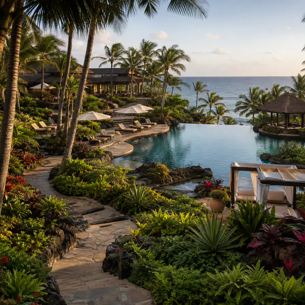 Resort Landscape — Combines pools, terraces, lush planting, shade, paths, and hospitality seating into a coordinated destination setting