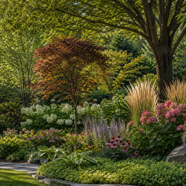 Layered Planting — Arranges canopy trees, understory plants, shrubs, perennials, grasses, and groundcover in visible layers