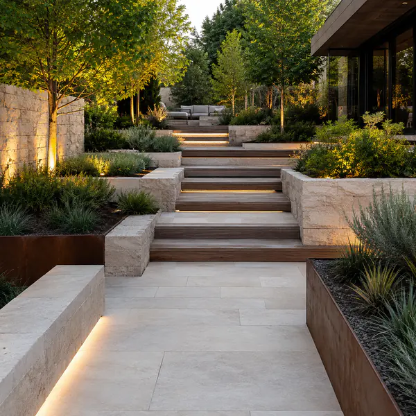Hardscape Design — Coordinates non-plant elements such as paving, walls, steps, decks, edging, and built seating