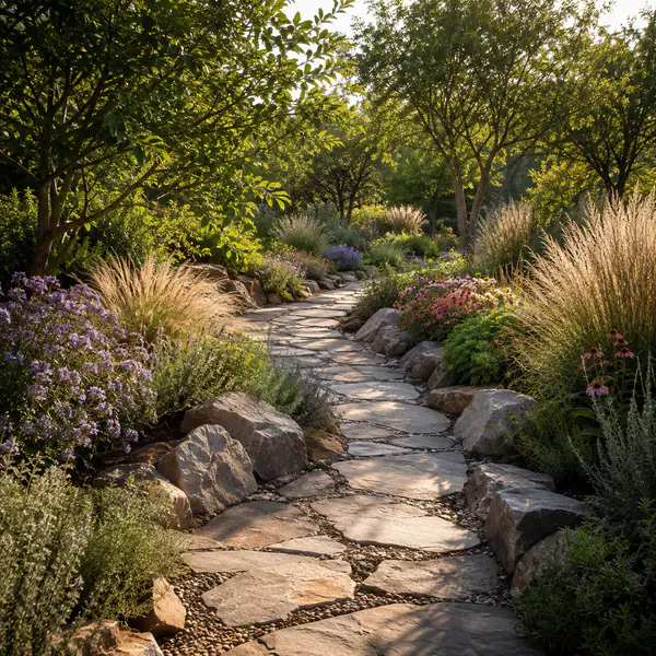 Garden Path — Guides movement and views through the landscape using a deliberate route, width, surface, and edge treatment