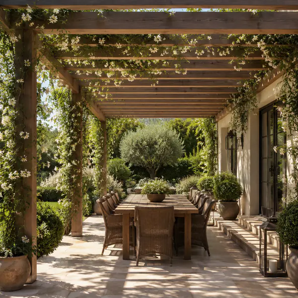 Pergola — Creates a partially shaded outdoor structure using posts and overhead beams, often combined with climbing plants
