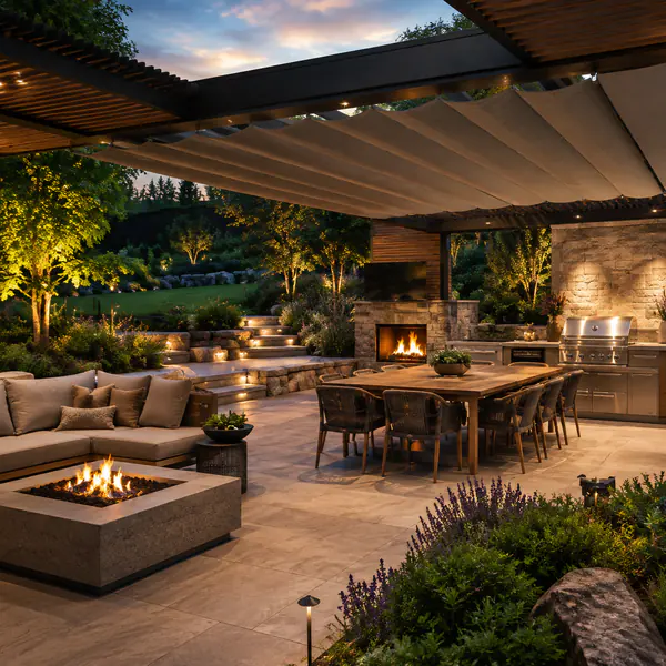 Outdoor Living Area — Extends indoor activities outside through comfortable seating, dining, cooking, shade, and weather protection