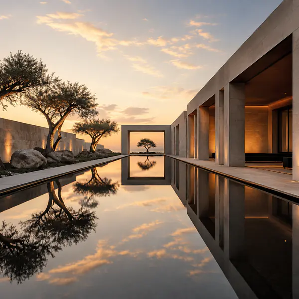 Reflecting Pool — Uses a shallow still-water surface to mirror architecture, sky, and planting with minimal disturbance