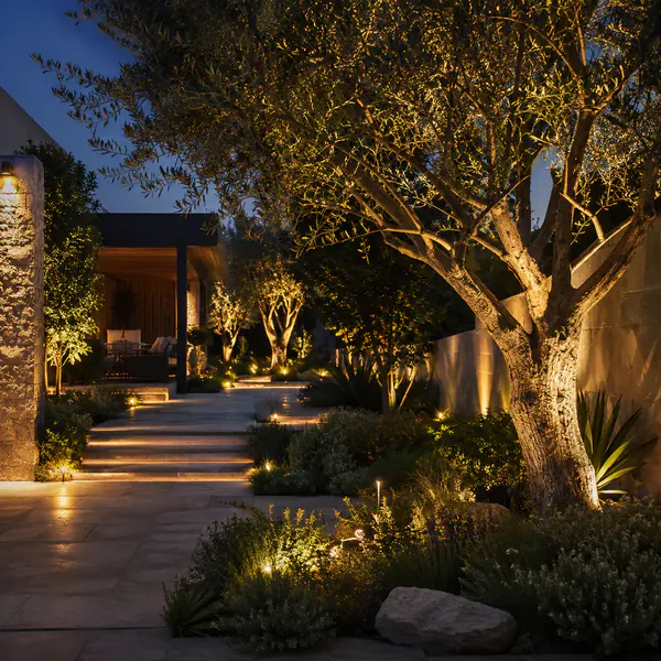 Landscape Lighting — Uses concealed or visible fixtures to illuminate paths, plants, walls, steps, and outdoor gathering areas after dark