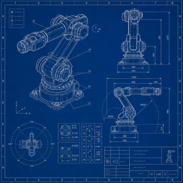 Blueprint Layout — Technical linework, dimensions, notes, and title blocks are arranged like formal construction documentation