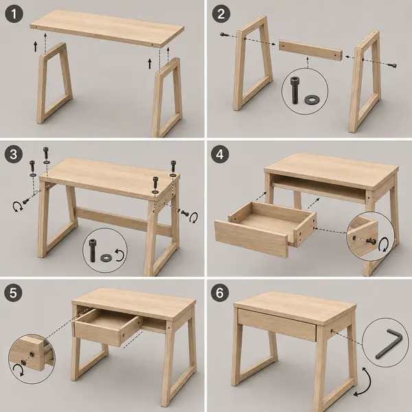 Assembly Diagram — Parts appear in joining order with alignment cues showing how to build the object