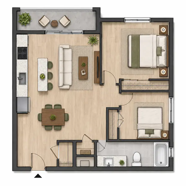 Floor Plan — Rooms, walls, doors, fixtures, and furniture are shown from directly above at scale