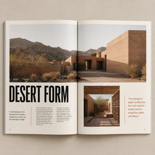 Magazine Spread — Facing editorial pages combine imagery, headlines, columns, captions, and deliberate reading flow