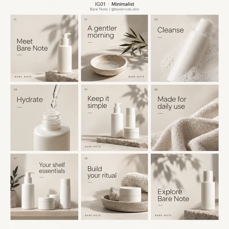 Minimalist Instagram grid for fictional skincare brand Bare Note, showing nine tiles in a 3 by 3 arrangement.