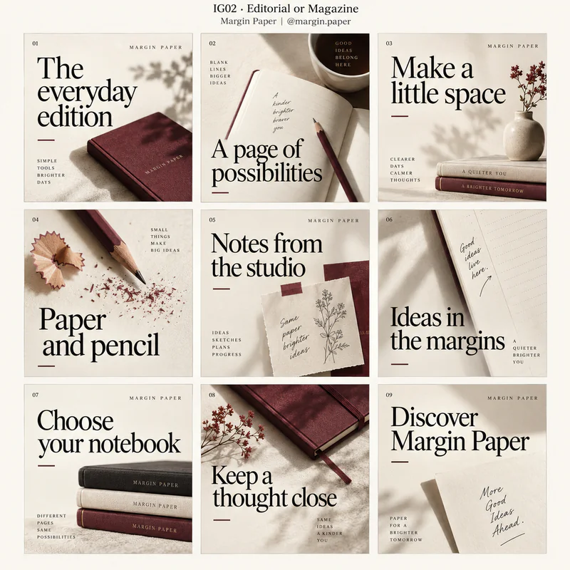 Editorial or Magazine Instagram grid for fictional stationery company Margin Paper, showing nine tiles in a 3 by 3 arrangement.