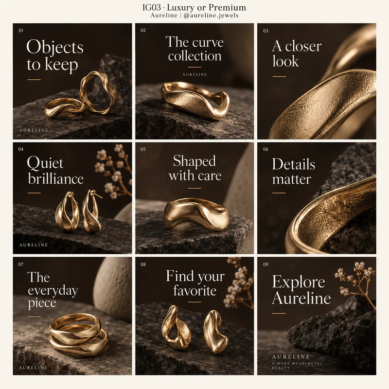 Luxury or Premium Instagram grid for fictional jewelry atelier Aureline, showing nine tiles in a 3 by 3 arrangement.