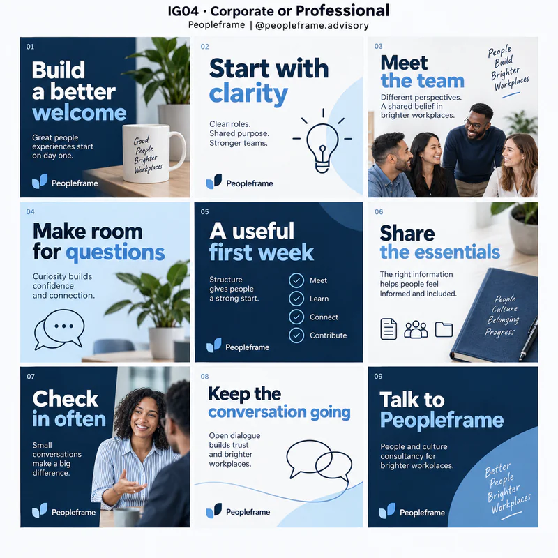 Corporate or Professional Instagram grid for fictional people and culture consultancy Peopleframe, showing nine tiles in a 3 by 3 arrangement.
