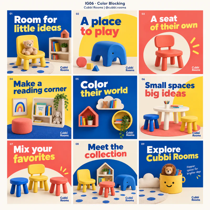 Color Blocking Instagram grid for fictional children's furniture company Cubbi Rooms, showing nine tiles in a 3 by 3 arrangement.