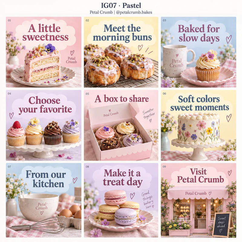 Pastel Instagram grid for fictional boutique bakery Petal Crumb, showing nine tiles in a 3 by 3 arrangement.