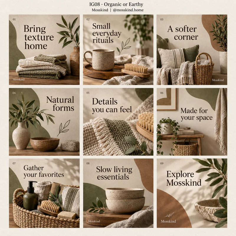 Organic or Earthy Instagram grid for fictional home essentials shop Mosskind, showing nine tiles in a 3 by 3 arrangement.