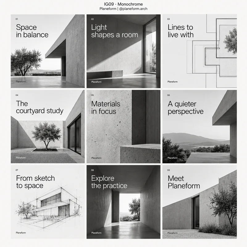 Monochrome Instagram grid for fictional architecture practice Planeform, showing nine tiles in a 3 by 3 arrangement.