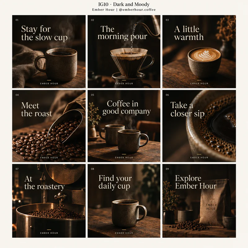 Dark and Moody Instagram grid for fictional specialty coffee roaster Ember Hour, showing nine tiles in a 3 by 3 arrangement.