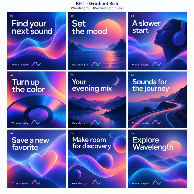 Gradient Rich Instagram grid for fictional music discovery app Wavelength, showing nine tiles in a 3 by 3 arrangement.
