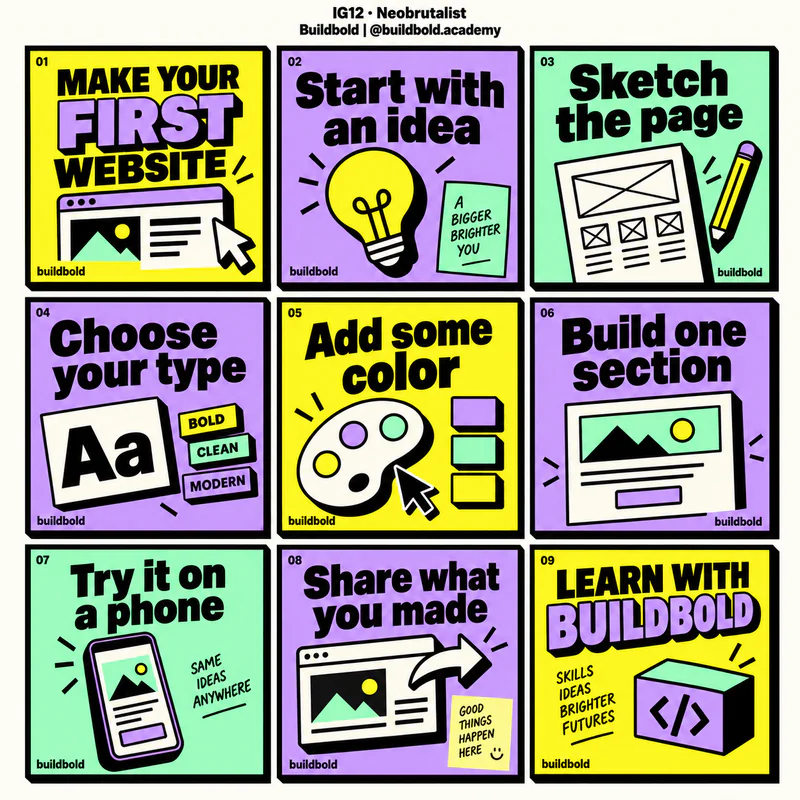 Neobrutalist Instagram grid for fictional coding education platform Buildbold, showing nine tiles in a 3 by 3 arrangement.