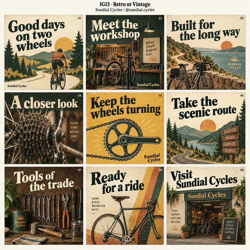 Retro or Vintage Instagram grid for fictional bicycle repair workshop Sundial Cycles, showing nine tiles in a 3 by 3 arrangement.