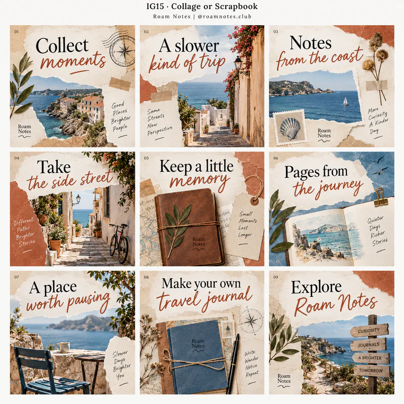 Collage or Scrapbook Instagram grid for fictional travel journal publisher Roam Notes, showing nine tiles in a 3 by 3 arrangement.