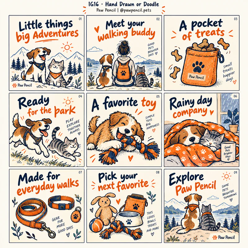 Hand Drawn or Doodle Instagram grid for fictional pet accessories shop Paw Pencil, showing nine tiles in a 3 by 3 arrangement.