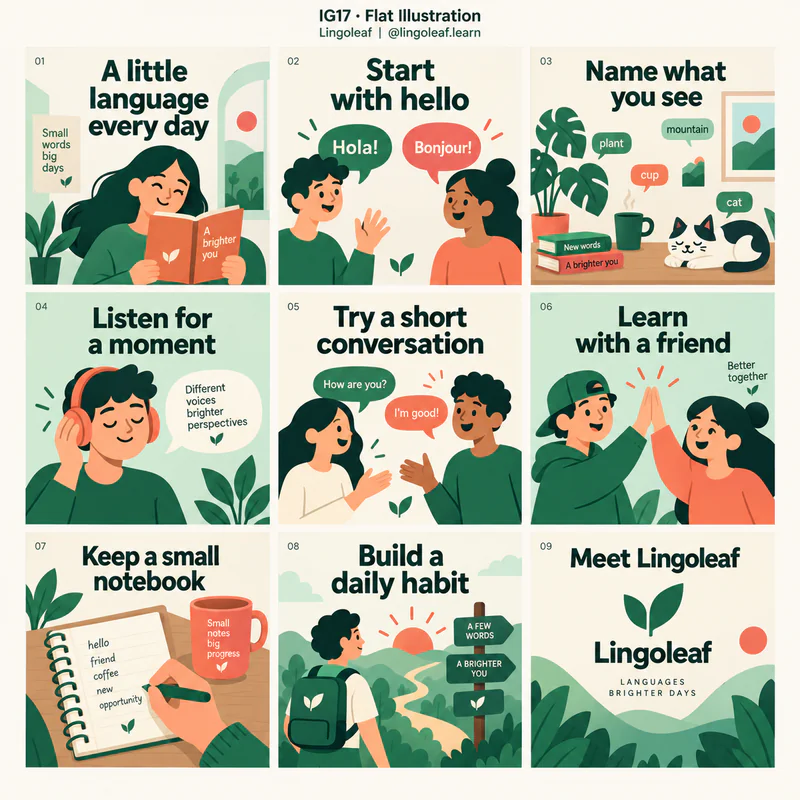 Flat Illustration Instagram grid for fictional language learning studio Lingoleaf, showing nine tiles in a 3 by 3 arrangement.