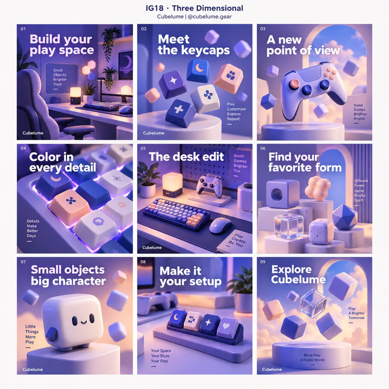 Three Dimensional Instagram grid for fictional gaming accessories maker Cubelume, showing nine tiles in a 3 by 3 arrangement.