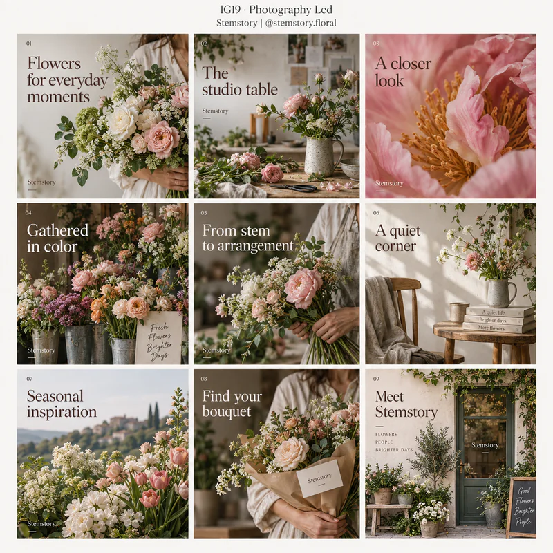 Photography Led Instagram grid for fictional floral design studio Stemstory, showing nine tiles in a 3 by 3 arrangement.