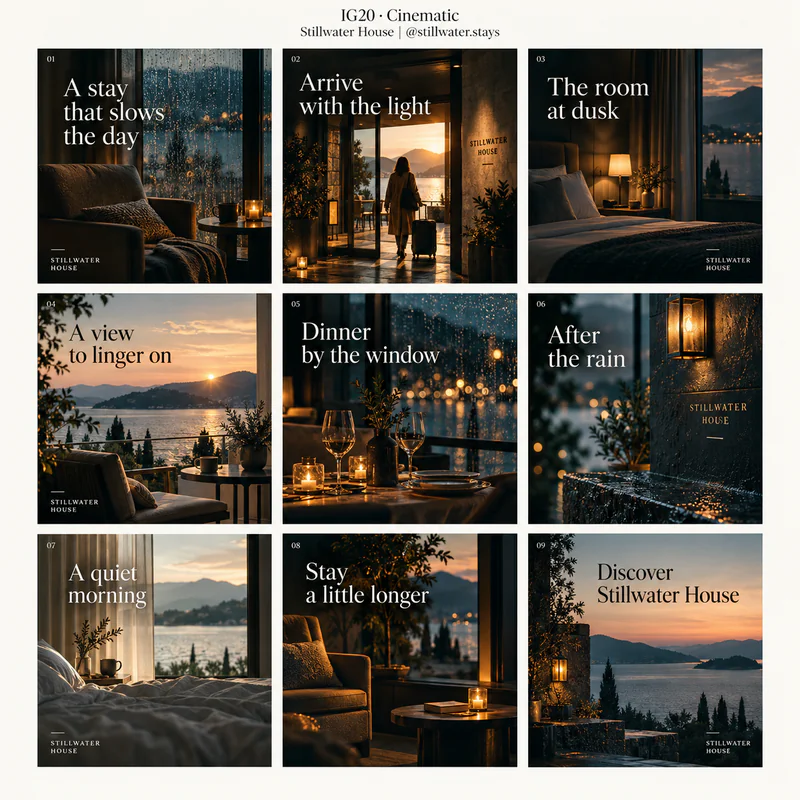 Cinematic Instagram grid for fictional boutique hotel Stillwater House, showing nine tiles in a 3 by 3 arrangement.