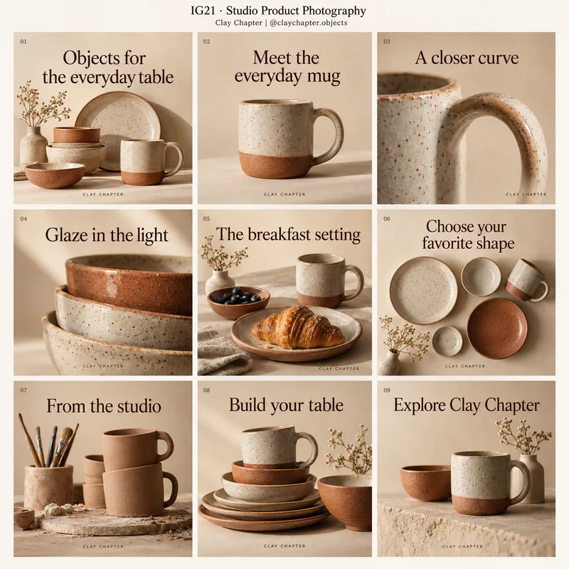 Studio Product Photography Instagram grid for fictional ceramics workshop Clay Chapter, showing nine tiles in a 3 by 3 arrangement.