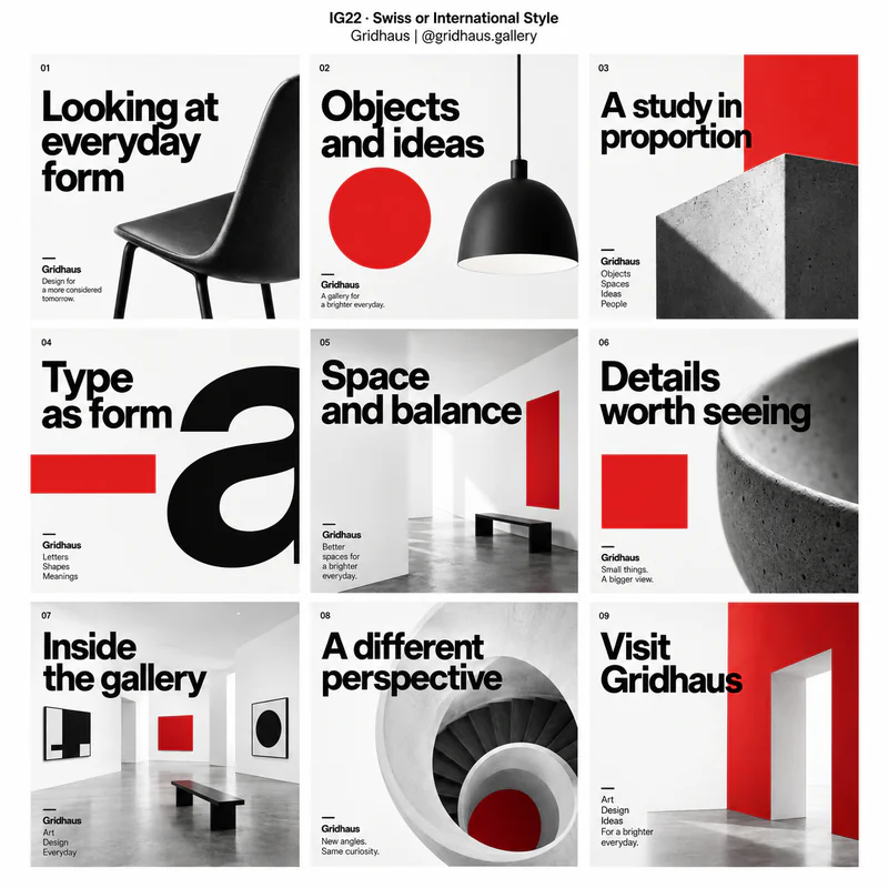 Swiss or International Style Instagram grid for fictional design gallery Gridhaus, showing nine tiles in a 3 by 3 arrangement.