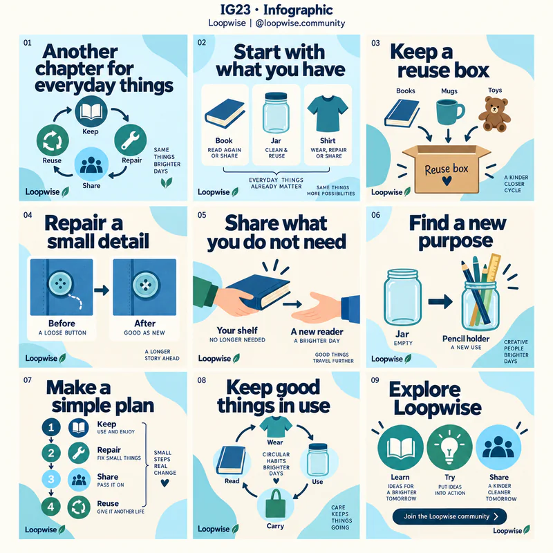 Infographic Instagram grid for fictional reuse education project Loopwise, showing nine tiles in a 3 by 3 arrangement.