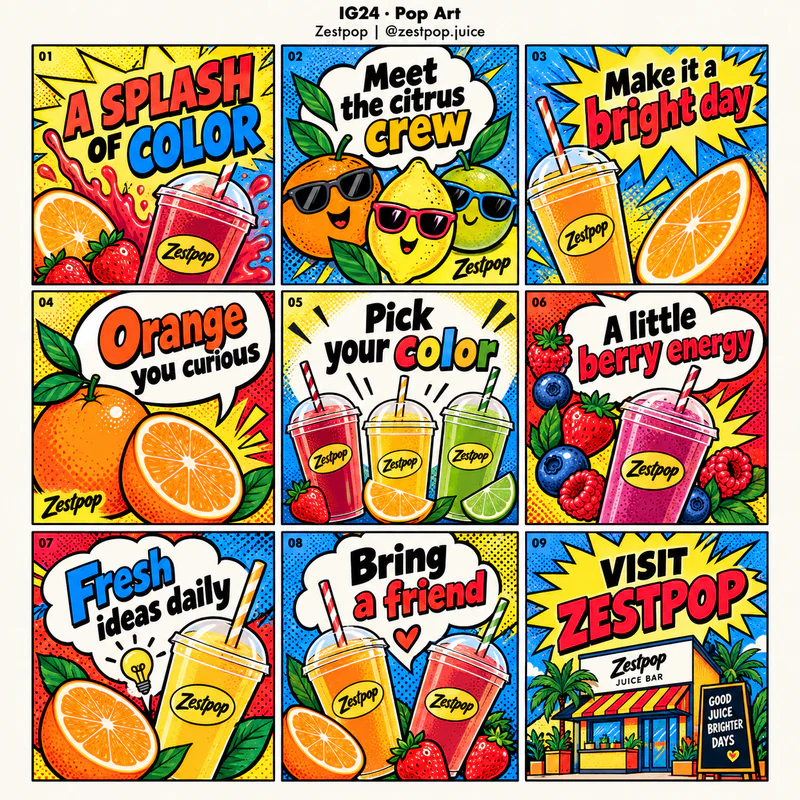 Pop Art Instagram grid for fictional juice bar Zestpop, showing nine tiles in a 3 by 3 arrangement.
