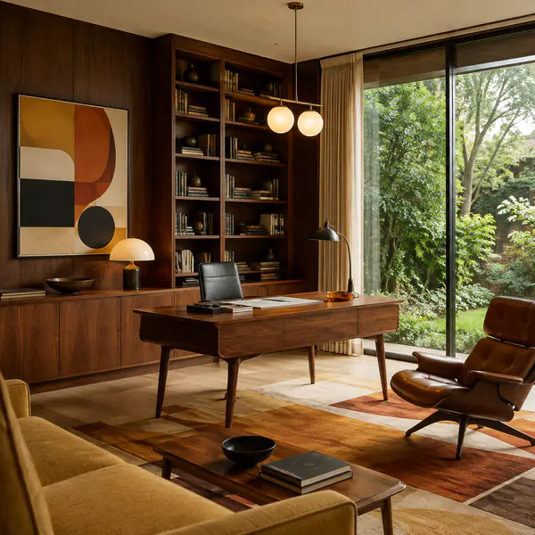 Mid Century Modern — Uses functional 1950s and 1960s forms, tapered legs, warm timber, and graphic accents