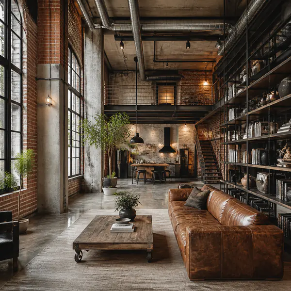 Industrial Loft — Exposes structural elements such as brick, concrete, steel, ductwork, and large factory-style windows