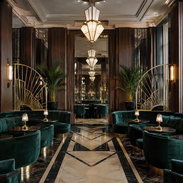 Art Deco Interior — Features geometric patterns, rich materials, metallic accents, symmetry, and glamorous 1920s-inspired forms