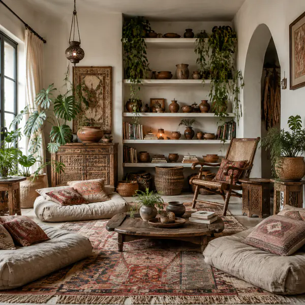 Bohemian Interior — Layers relaxed furniture, handmade objects, plants, patterns, and textiles from varied cultural influences