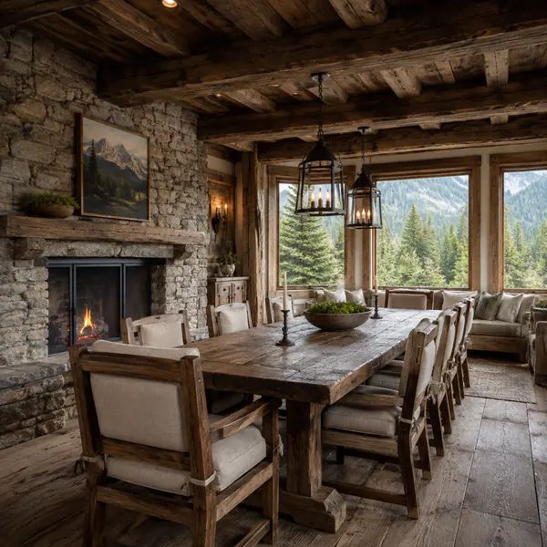 Rustic Interior — Uses weathered wood, stone, handmade finishes, and sturdy furniture to create a natural lived-in character