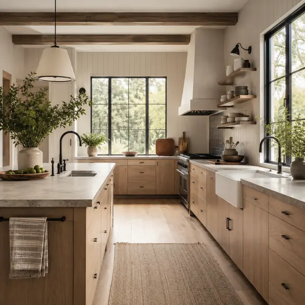 Modern Farmhouse — Combines simple contemporary planning with farmhouse materials, comfortable furniture, and practical detailing