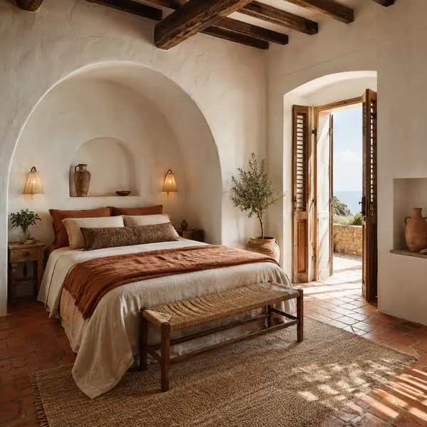 Mediterranean Interior — Uses limewashed walls, warm stone, terracotta, arches, timber, and sun-softened earthy colors