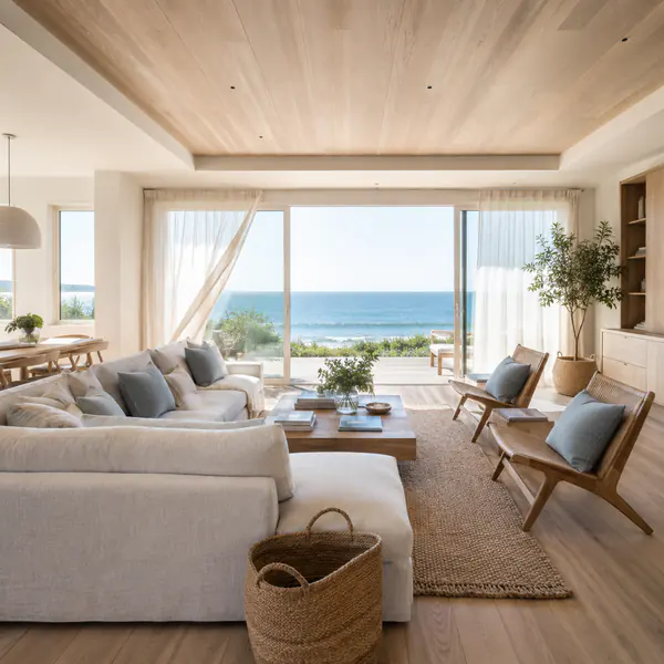 Coastal Interior — Creates a light relaxed space with pale woods, natural fibers, soft blue accents, and breezy daylight