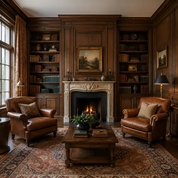 Traditional Interior — Uses established furniture shapes, balanced arrangements, detailed woodwork, and familiar decorative elements